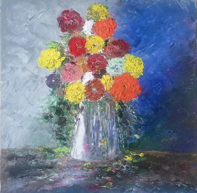 Vase de Fleurs, 40 × 40 cm — peinture d’Alain Bouillaguet