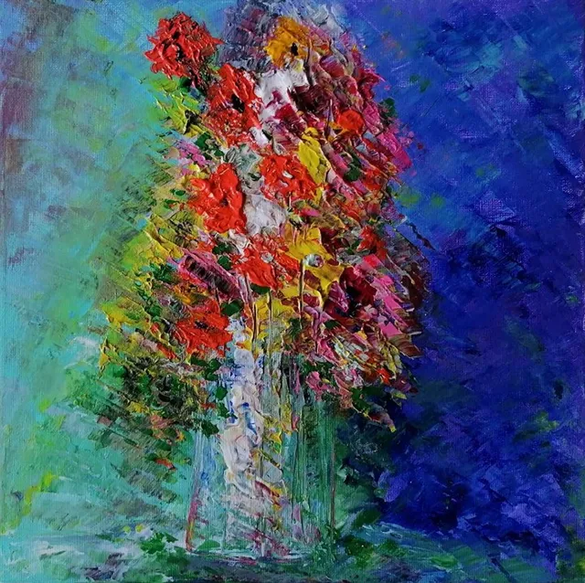 Vase de Fleurs, 40 × 40 cm — peinture d’Alain Bouillaguet