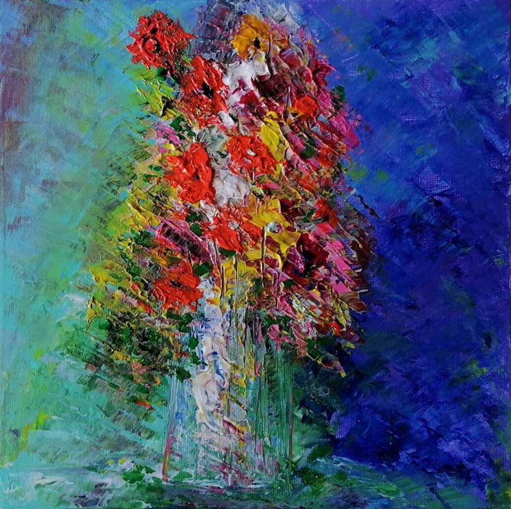 Vase de Fleurs, 40 × 40 cm — peinture d’Alain Bouillaguet