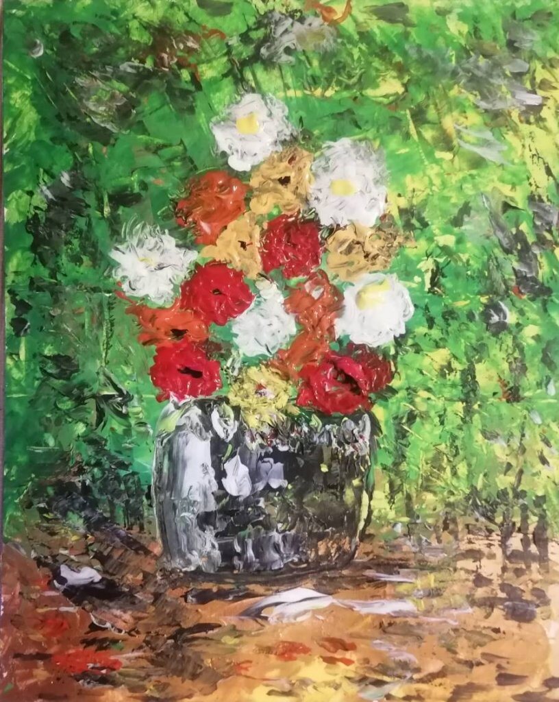 Vase de fleurs, 13 × 18 cm — peinture d’Alain Bouillaguet