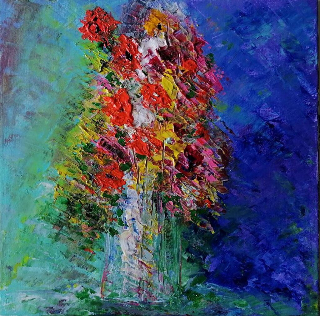 Vase de fleurs, 40 × 40 cm — peinture d’Alain Bouillaguet