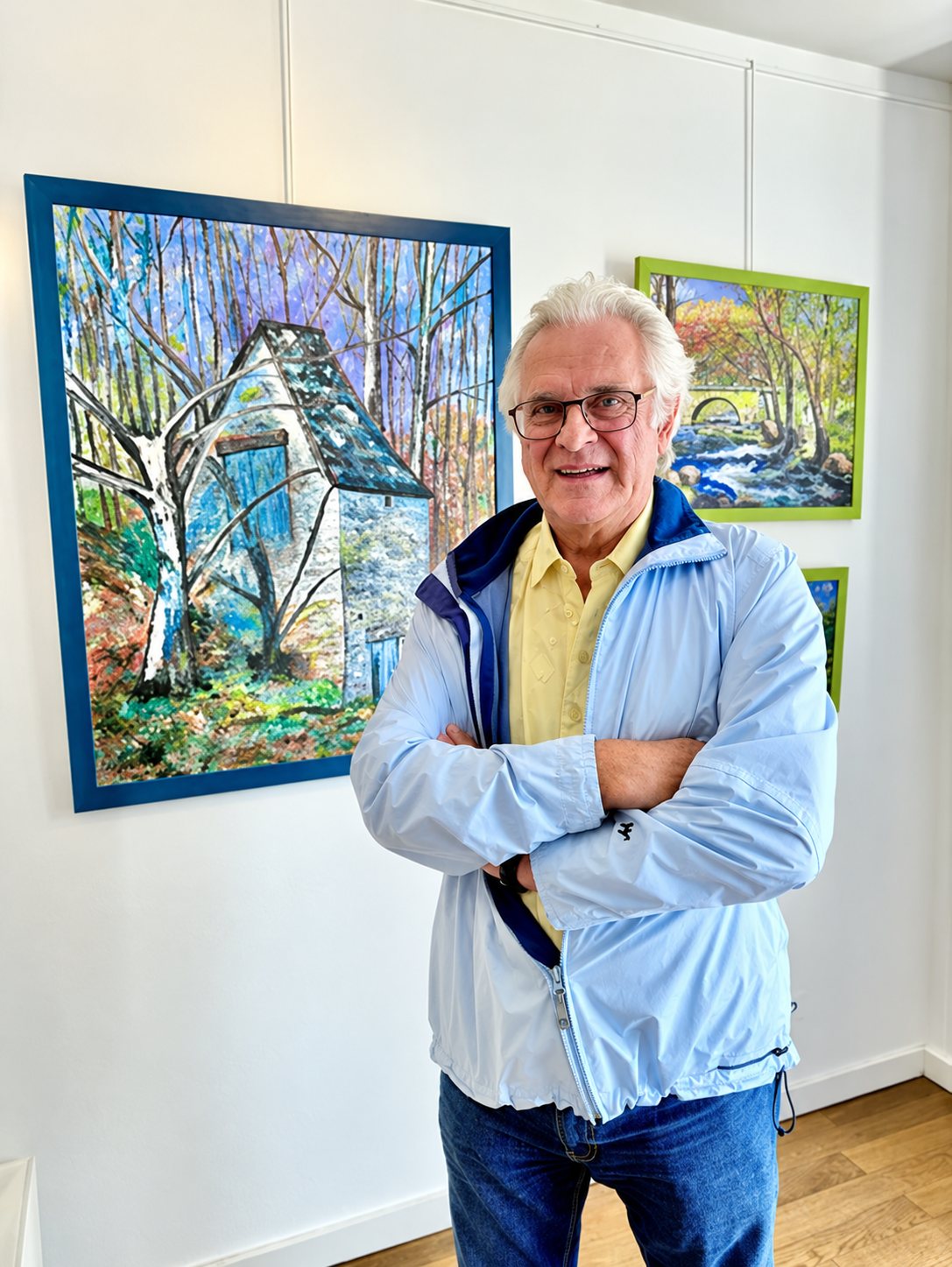 Un homme aux cheveux gris et à lunettes, bras croisés, pose dans une galerie devant des peintures colorées de paysages avec arbres et cours d'eau.