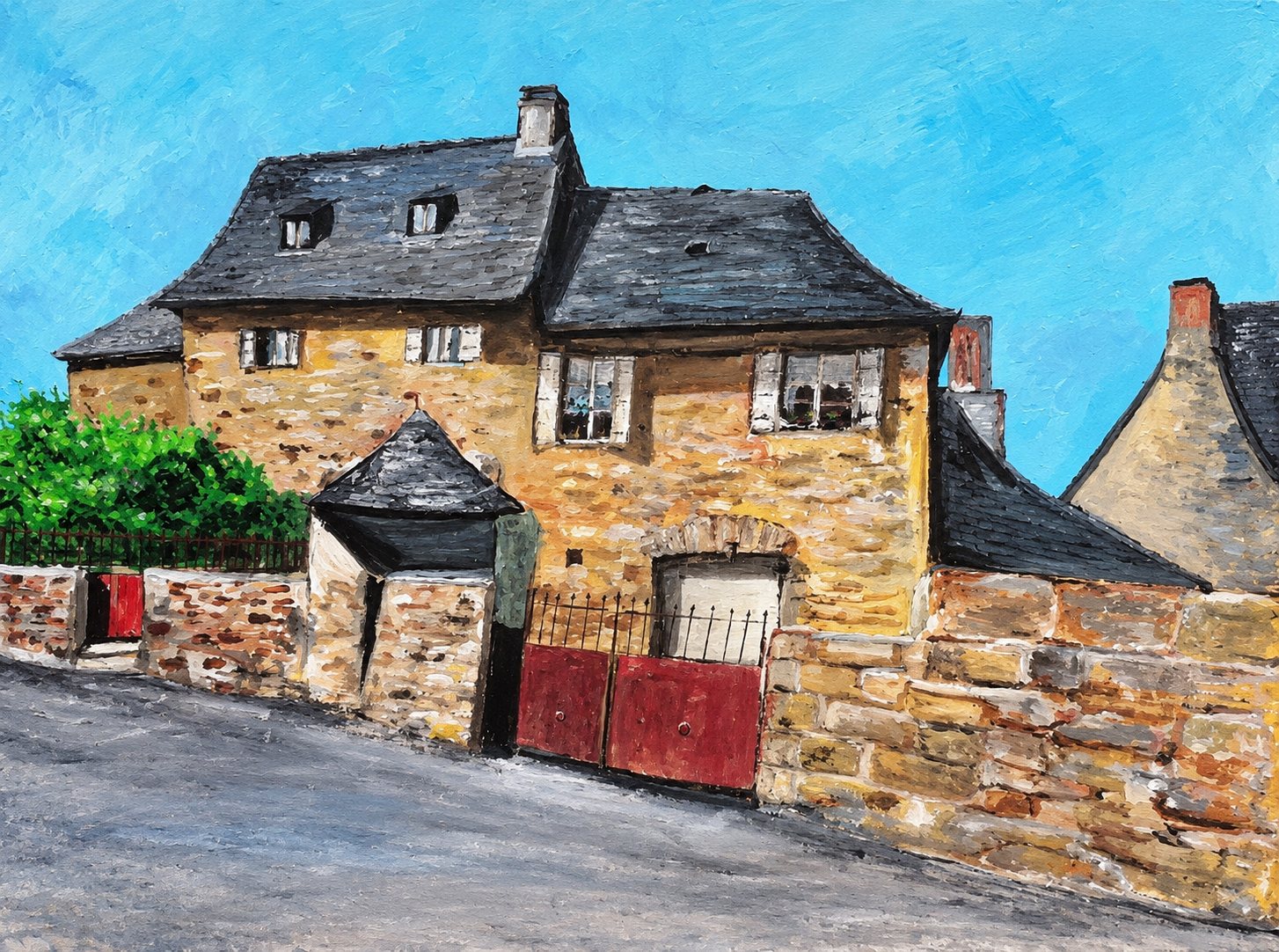 La maison de Michel et Paulette, peinture sur commande d’Alain Bouillaguet : maison en pierre dorée, toit d’ardoise, portail rouge