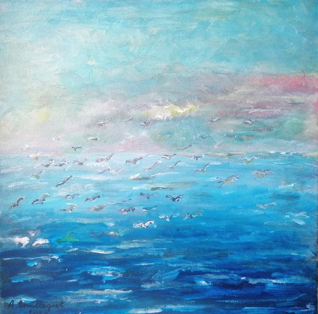 La mer est occupée, 30 × 30 cm — peinture d’Alain Bouillaguet
