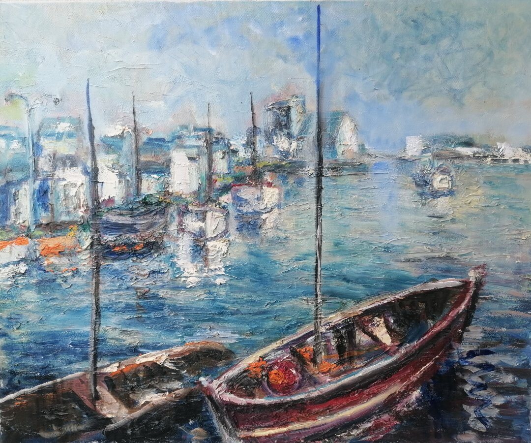 Barfleur, 61 × 50 cm — peinture d’Alain Bouillaguet