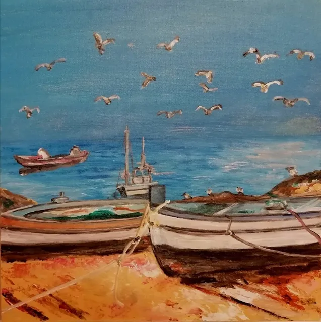 Barques siciliennes, 40 × 40 cm — peinture d’Alain Bouillaguet