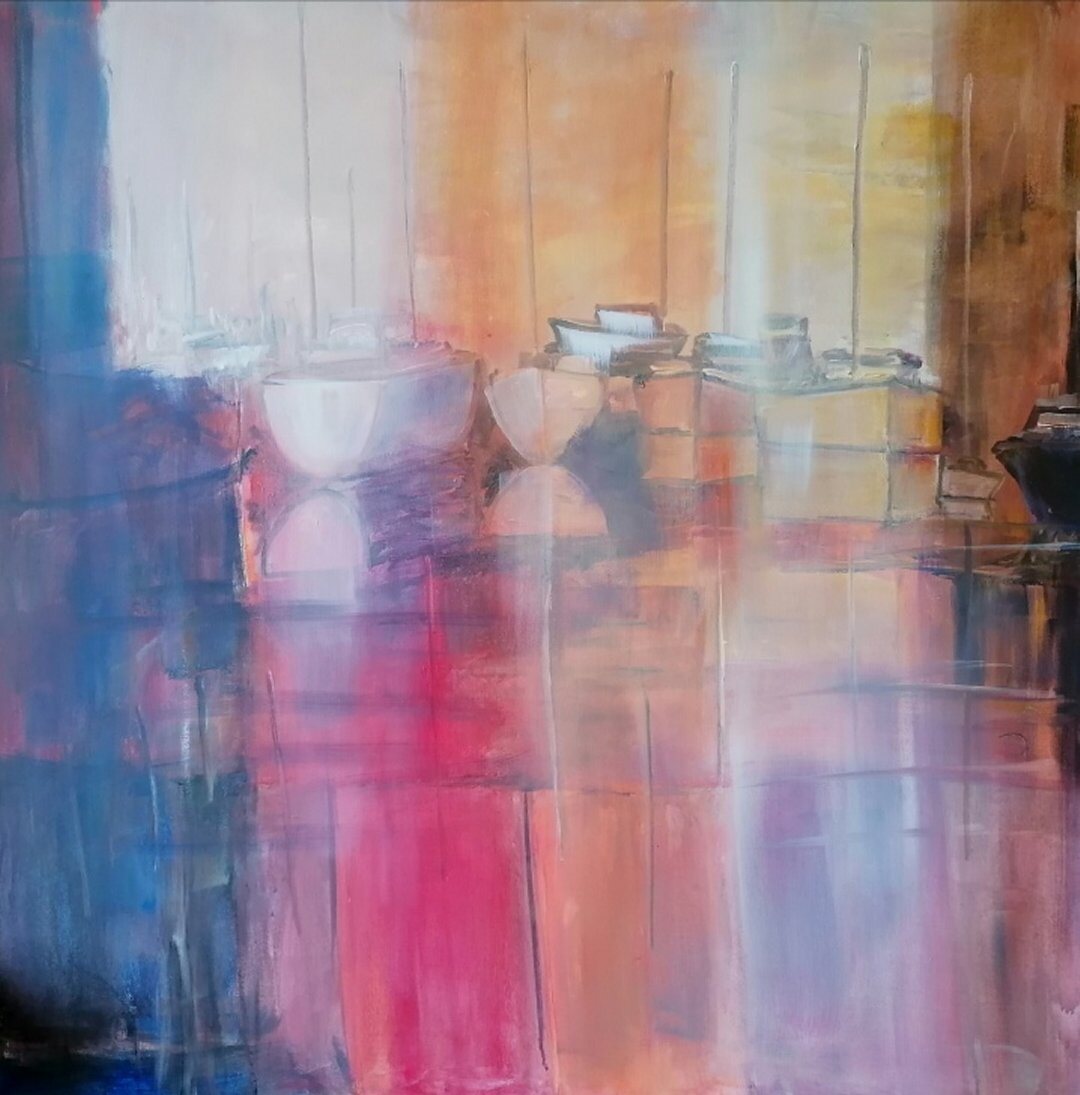 Le Port, 100 × 100 cm — peinture d’Alain Bouillaguet
