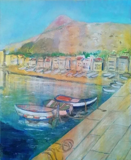 Petit port de Sicile, 61 × 50 cm — peinture d’Alain Bouillaguet