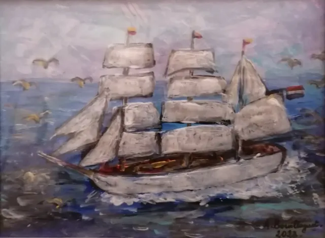 Le trois-mâts, 20 × 24 cm — peinture d’Alain Bouillaguet