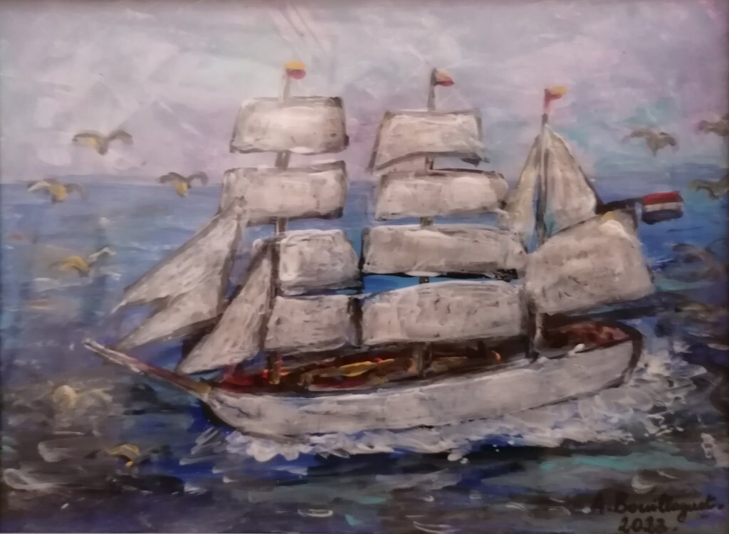 Le trois-mâts, 20 × 24 cm — peinture d’Alain Bouillaguet