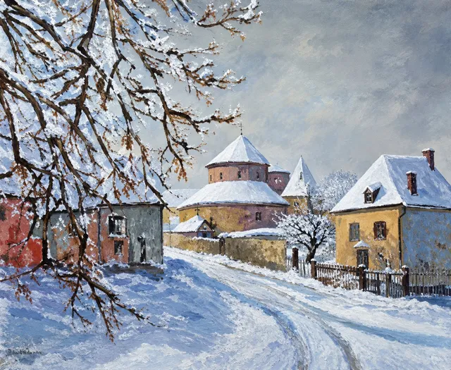 Neige à Saint Bonnet Larivière, 61 × 50 cm — peinture d’Alain Bouillaguet
