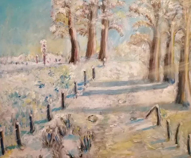 Chemin de la pêcherie enneigé, 61 × 50 cm — peinture d’Alain Bouillaguet