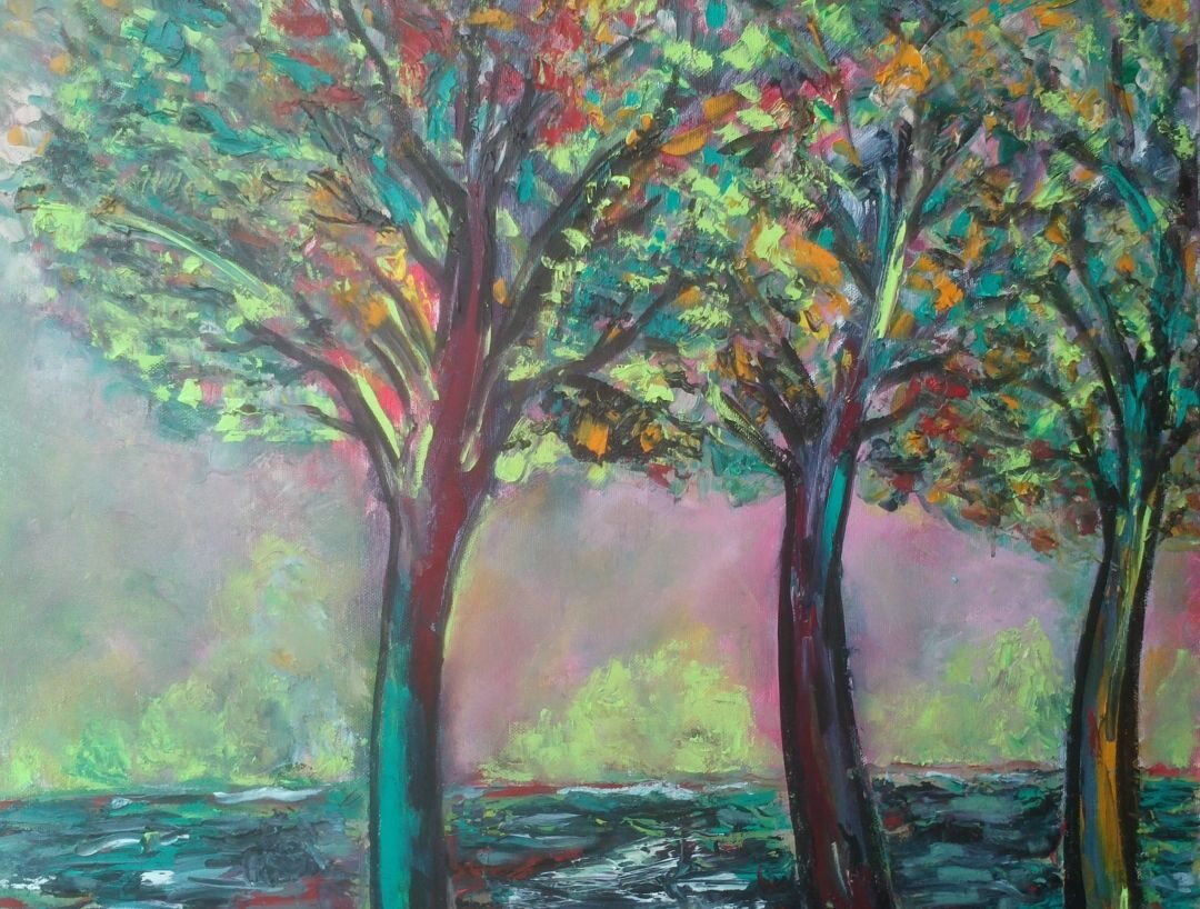 Les trois arbres, 61 × 50 cm — peinture d’Alain Bouillaguet
