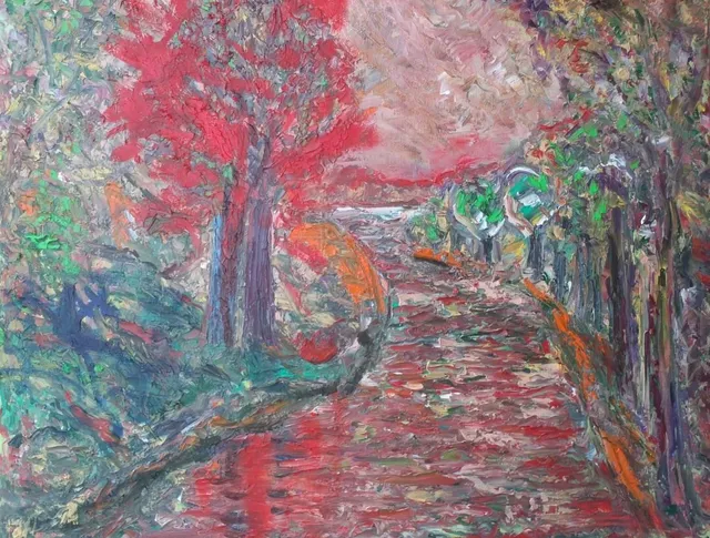 La rivière rouge, 61 × 50 cm — peinture d’Alain Bouillaguet