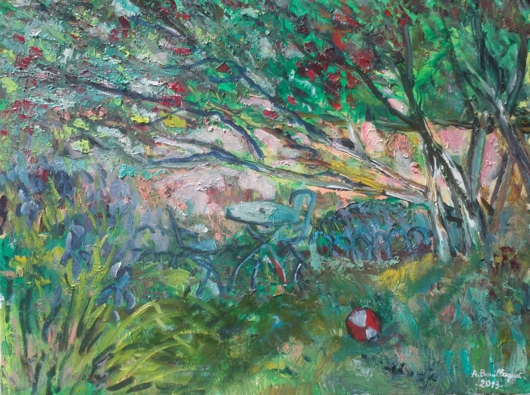 Le ballon, 71 × 50 cm — peinture d’Alain Bouillaguet