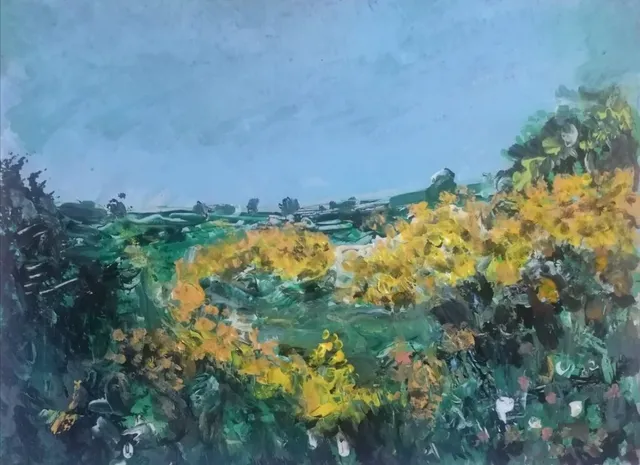 Genêts dans les Monédières, 18 × 24 cm — peinture d’Alain Bouillaguet