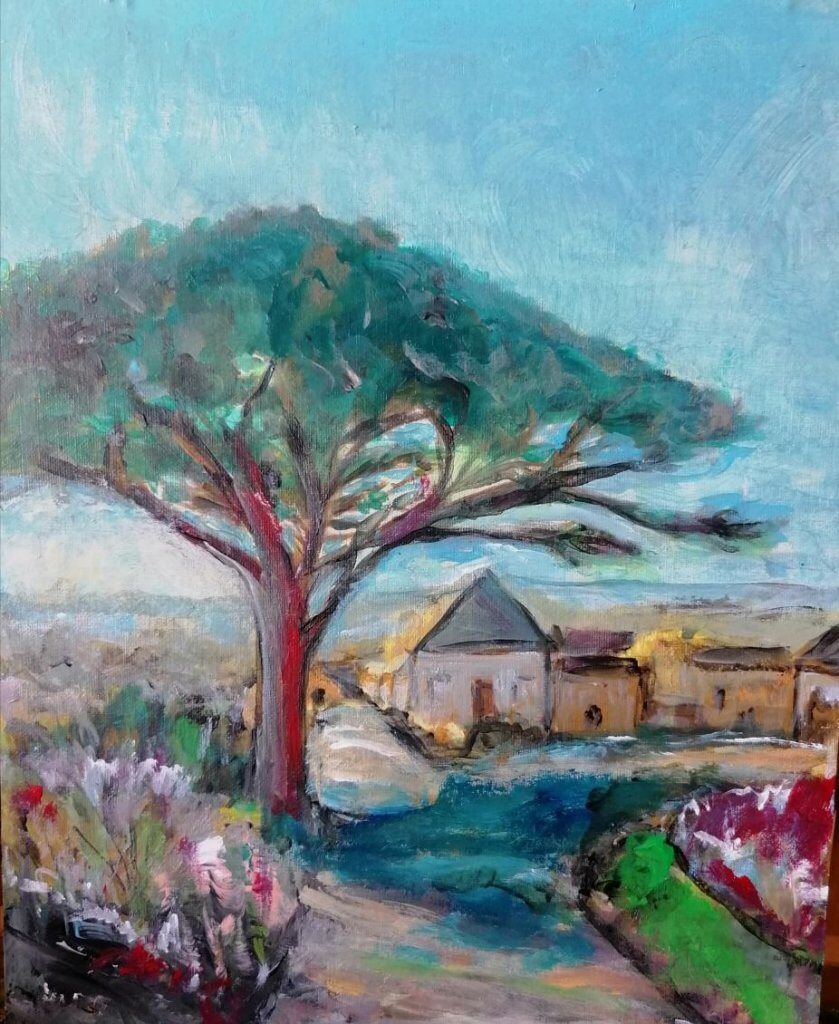 Le parasol, 40 × 40 cm — peinture d’Alain Bouillaguet