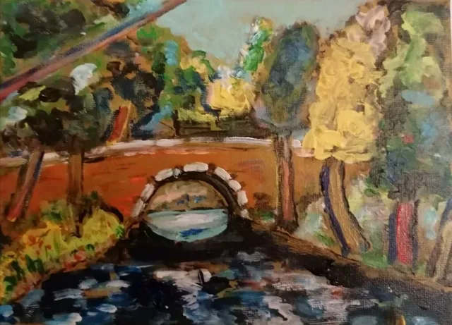 Le petit pont, 20 × 20 cm — peinture d’Alain Bouillaguet
