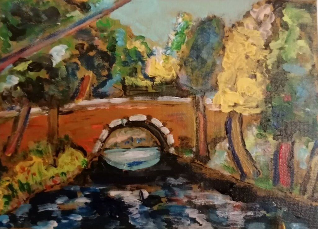 Le petit pont, 20 × 20 cm — peinture d’Alain Bouillaguet