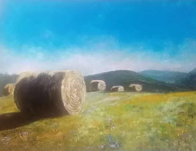 Meules de foin dans les Monédières, 61 × 50 cm — peinture d’Alain Bouillaguet