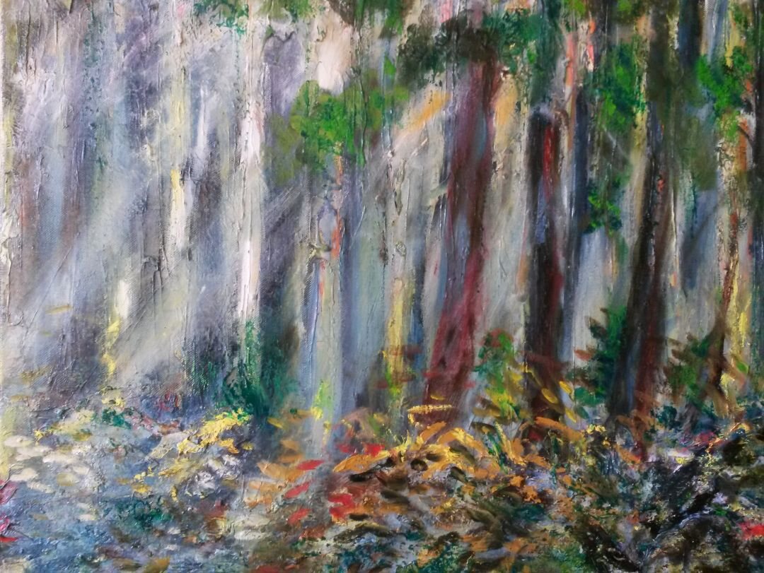 Lumière dans le bois, 61 × 50 cm — peinture d’Alain Bouillaguet