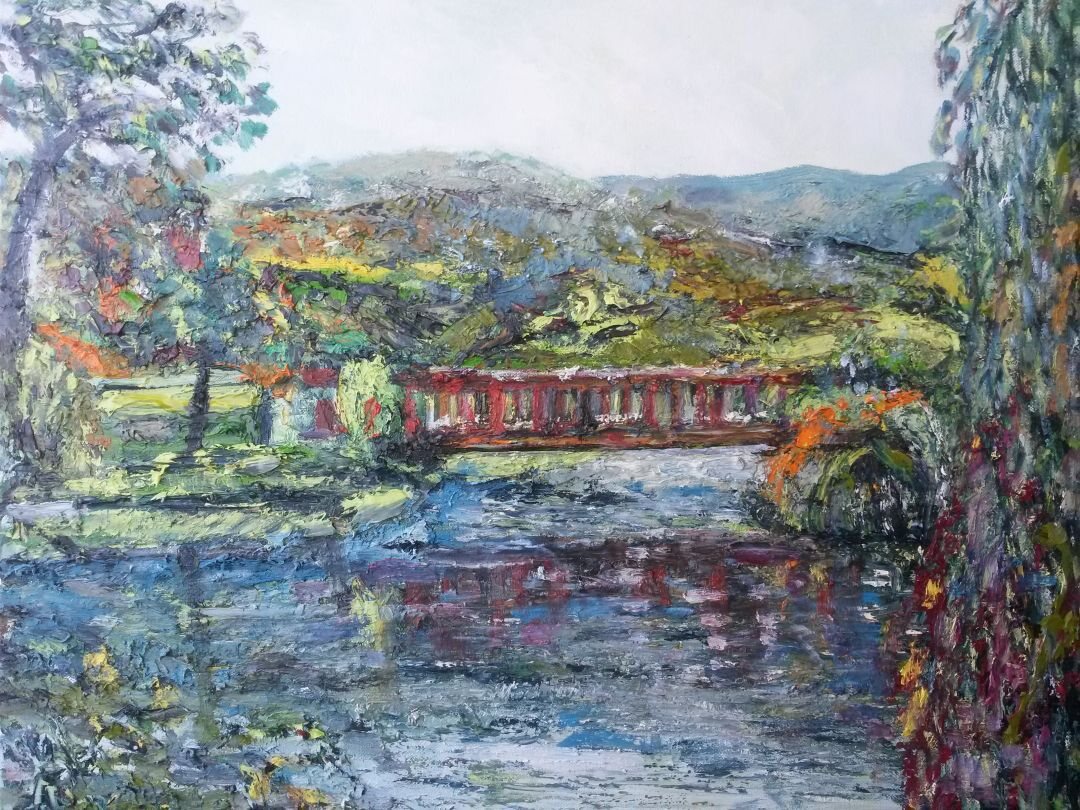 Petit pont à Marciac, 61 × 50 cm — peinture d’Alain Bouillaguet