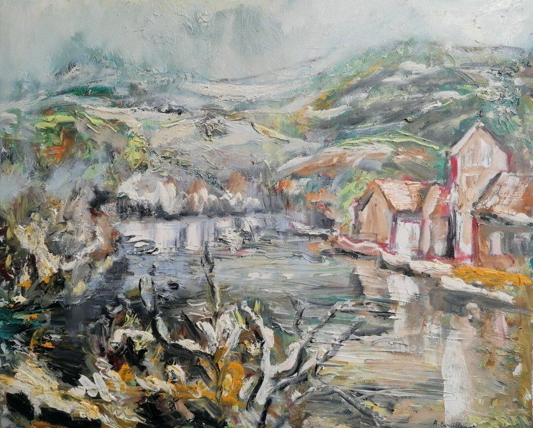 Neige à Beaulieu, 61 × 50 cm — peinture d’Alain Bouillaguet