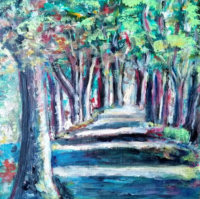 Allée de hêtres, 30 × 30 cm — peinture d’Alain Bouillaguet