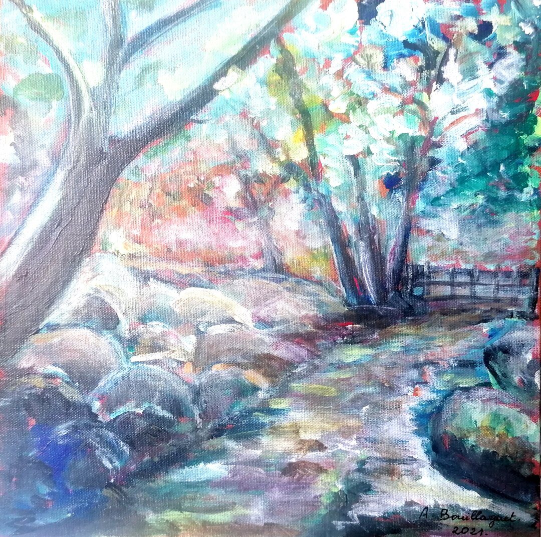 Chemin pierreux, 30 × 30 cm — peinture d’Alain Bouillaguet