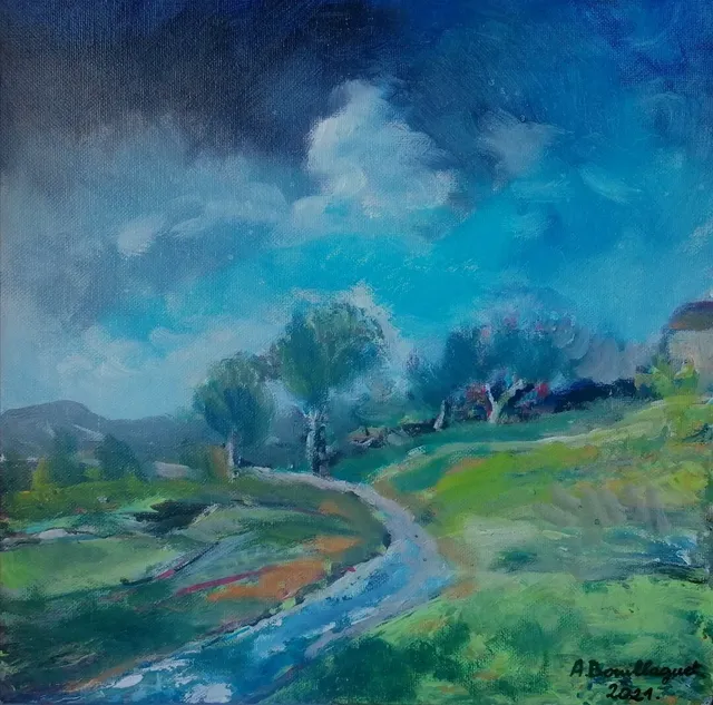 Naissance de la Logne, 30 × 30 cm — peinture d’Alain Bouillaguet