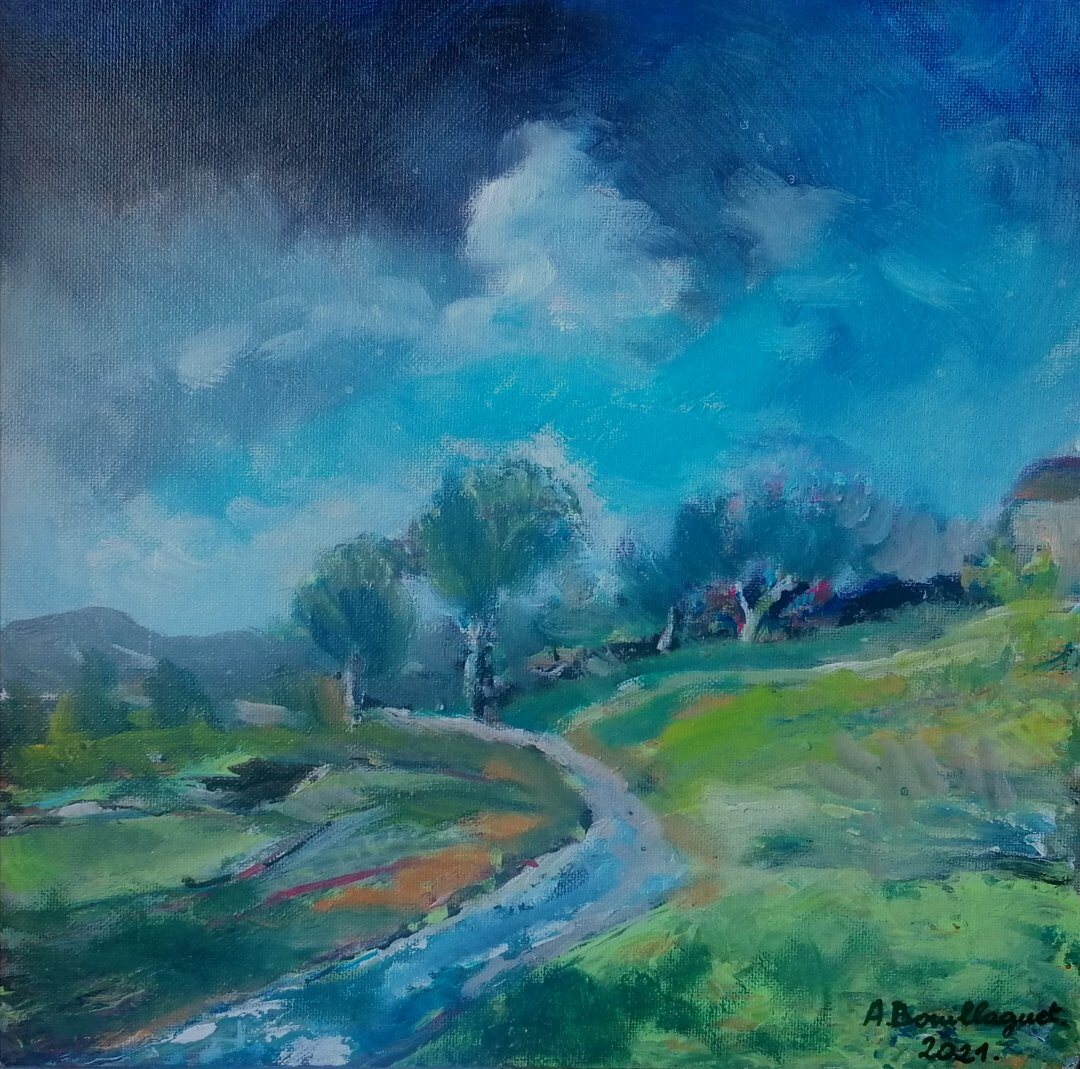 Naissance de la Logne, 30 × 30 cm — peinture d’Alain Bouillaguet