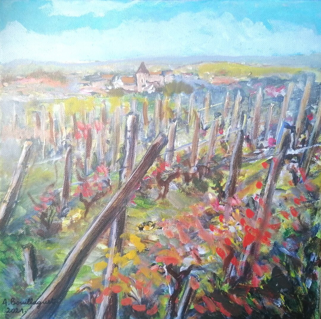 Vigne à Branceille, 30 × 30 cm — peinture d’Alain Bouillaguet