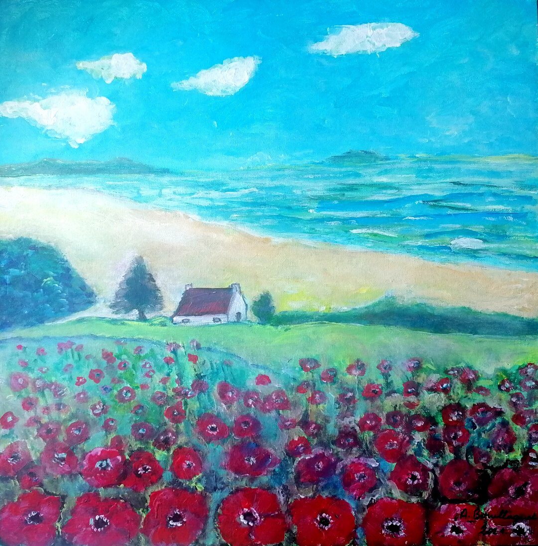 Coquelicots en Bretagne, 40 × 40 cm — peinture d’Alain Bouillaguet