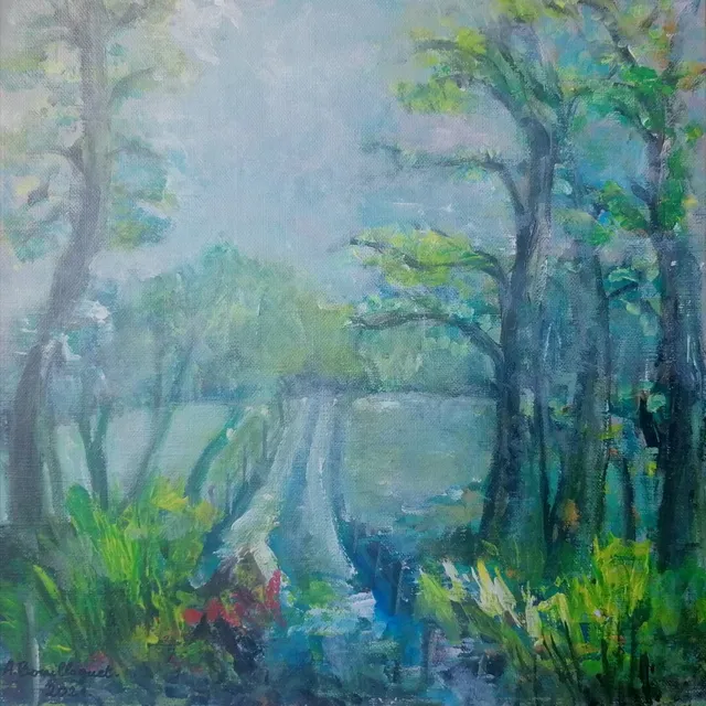 Chemin de la Chapelle, 40 × 40 cm — peinture d’Alain Bouillaguet