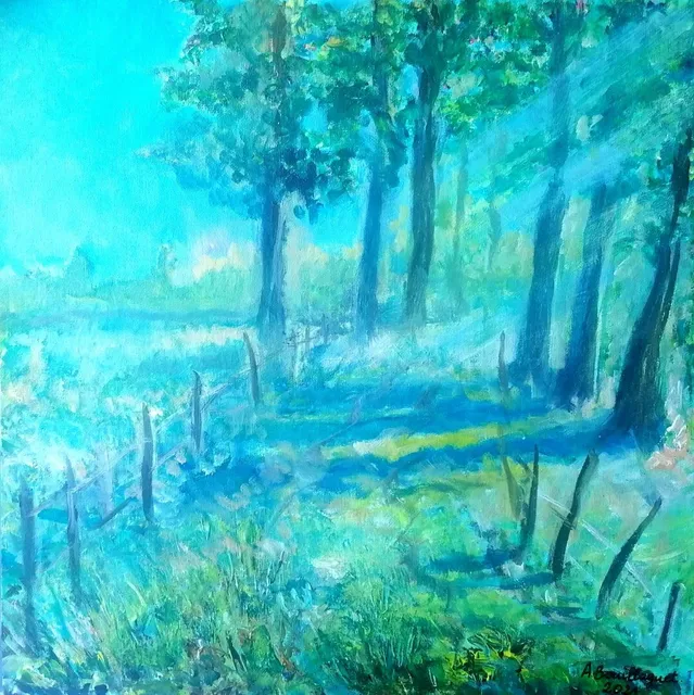 Chemin de la pêcherie Ft, 40 × 40 cm — peinture d’Alain Bouillaguet