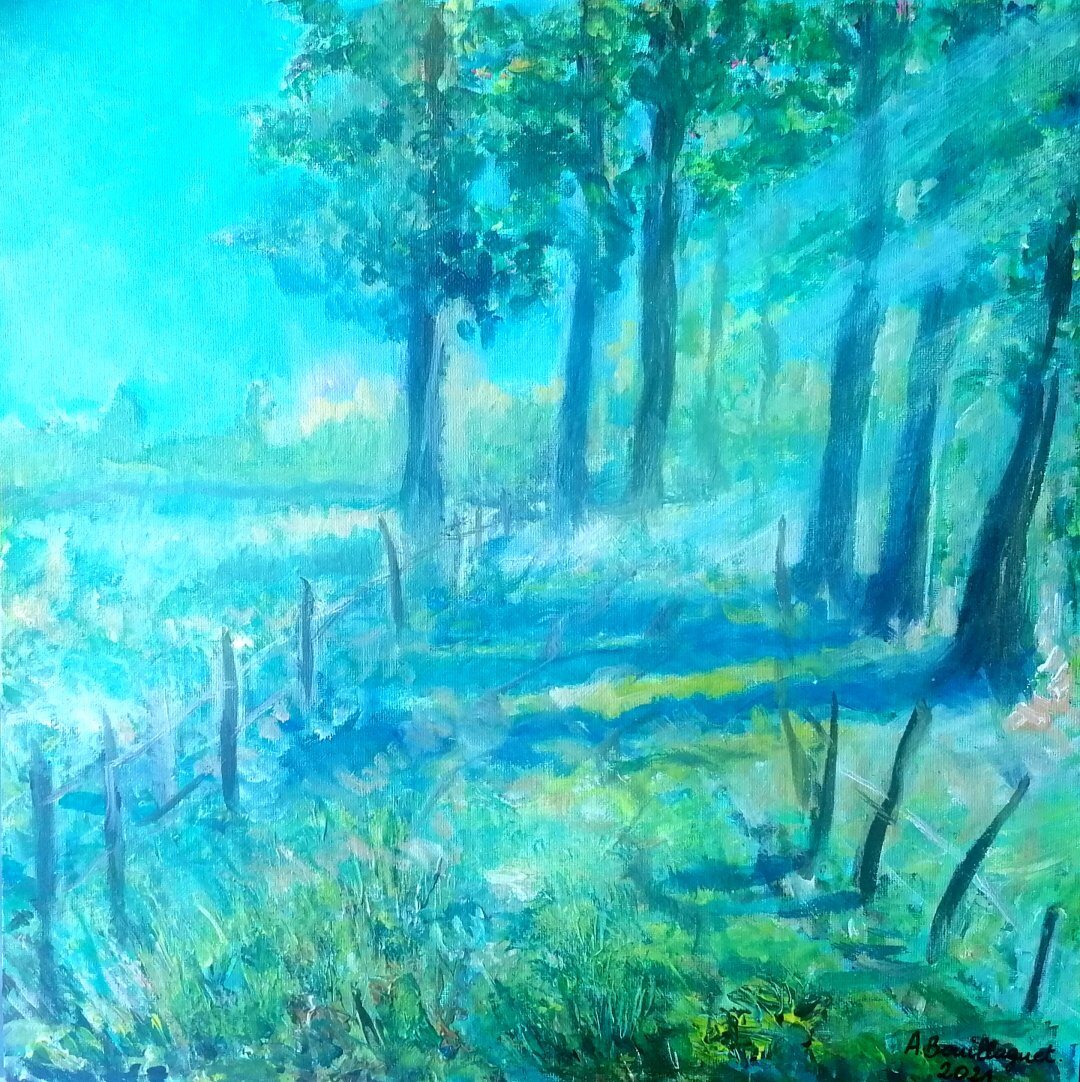 Chemin de la pêcherie Ft, 40 × 40 cm — peinture d’Alain Bouillaguet