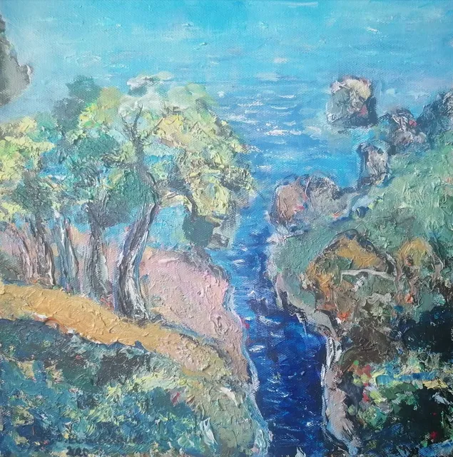 L'Esterel plonge dans la Méditérranée, 30 × 30 cm — peinture d’Alain Bouillaguet