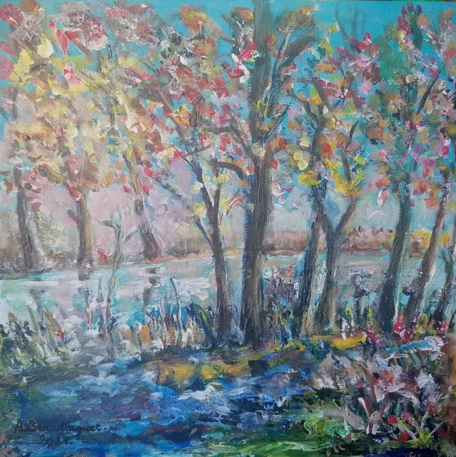 Bord de Corrèze, 30 × 30 cm — peinture d’Alain Bouillaguet