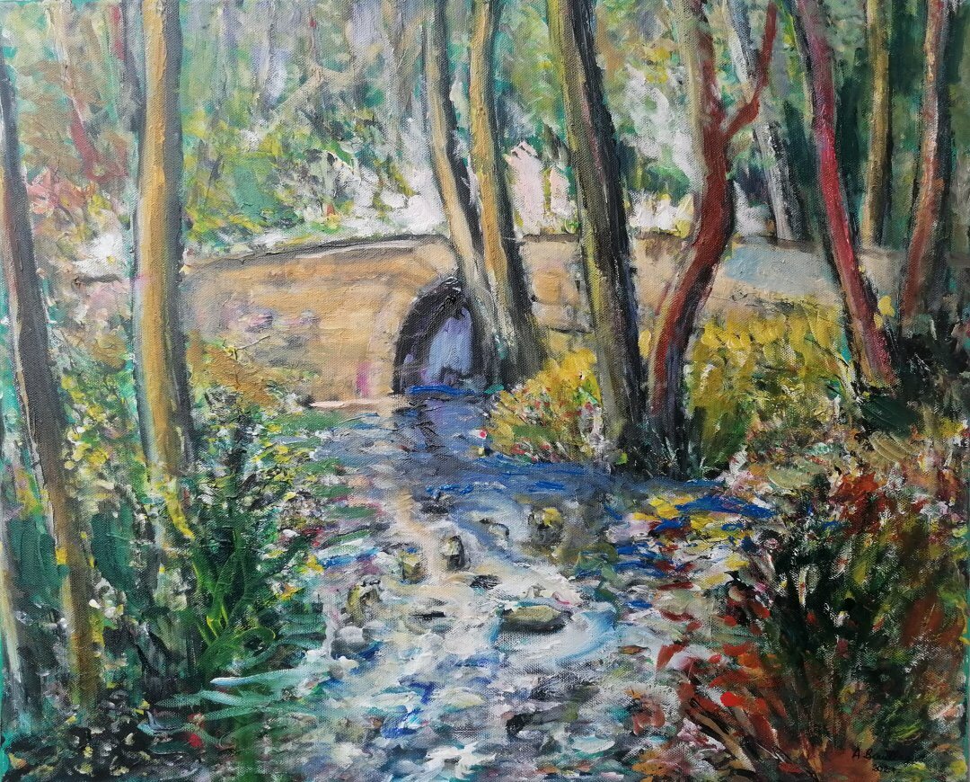 Pont romain du Compeix, 61 × 50 cm — peinture d’Alain Bouillaguet