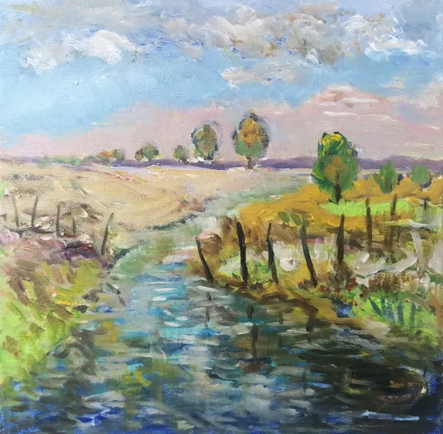 Au milieu coule un Ruisseau, 30 × 30 cm — peinture d’Alain Bouillaguet