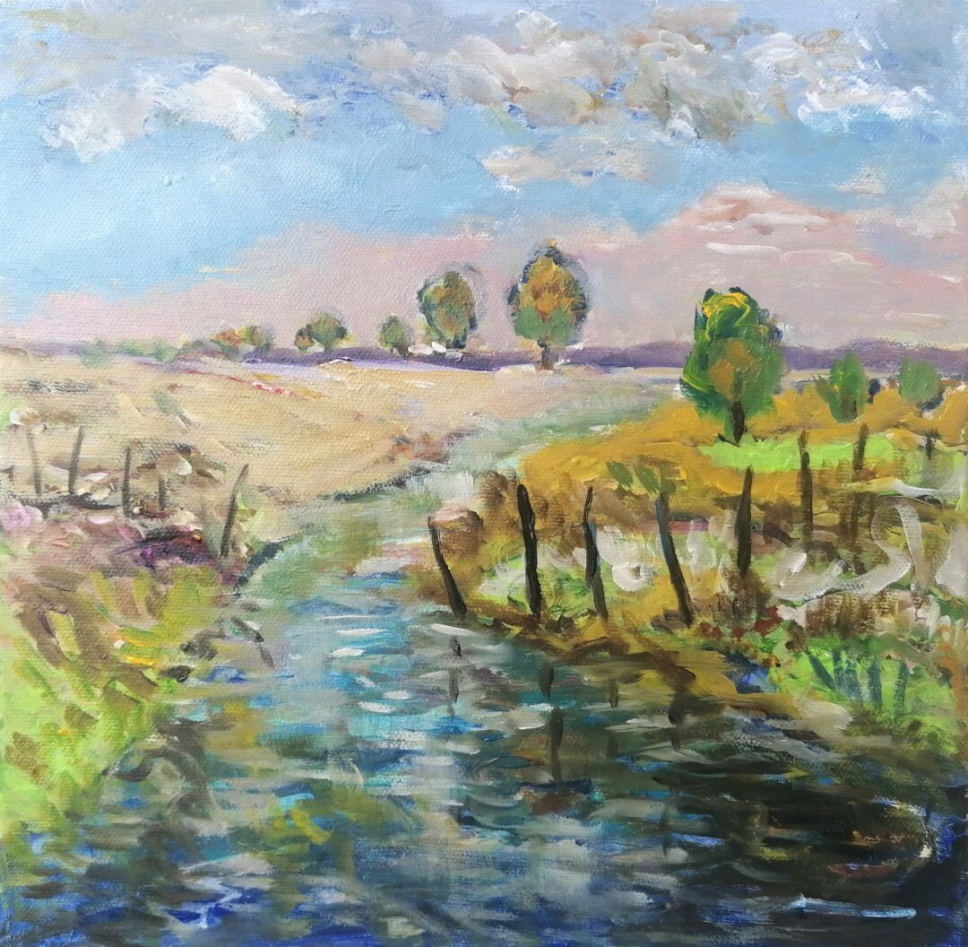 Au milieu coule un Ruisseau, 30 × 30 cm — peinture d’Alain Bouillaguet