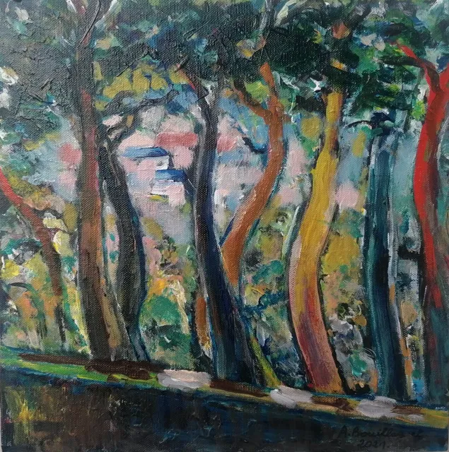 Le Busson derrière les arbres, 30 × 30 cm — peinture d’Alain Bouillaguet