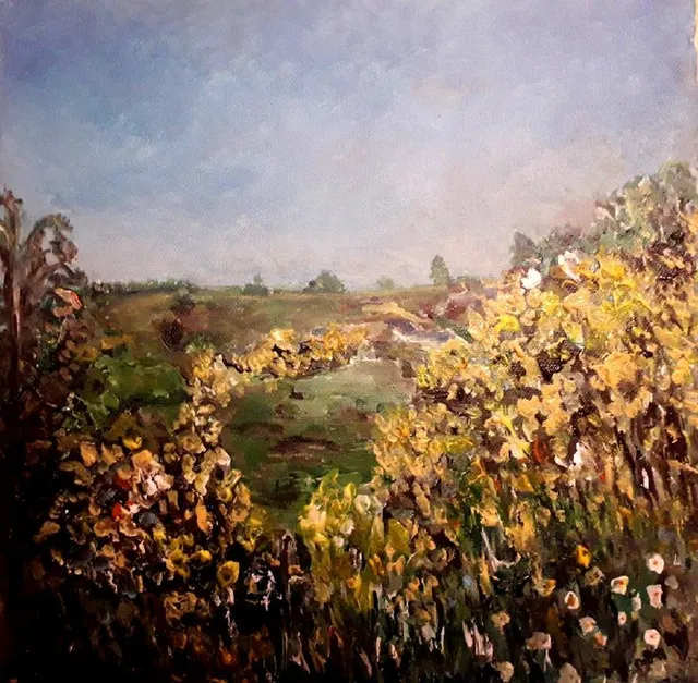 Genêts dans les Monédières, 30 × 30 cm — peinture d’Alain Bouillaguet