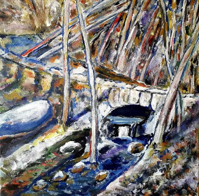 Pont à Marcillac la Croisille, 30 × 30 cm — peinture d’Alain Bouillaguet
