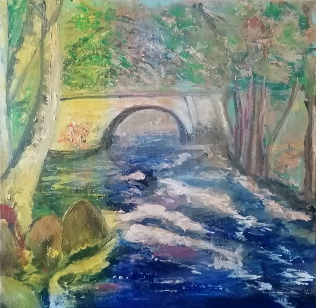 La Corrèze à Corrèze, 30 × 30 cm — peinture d’Alain Bouillaguet