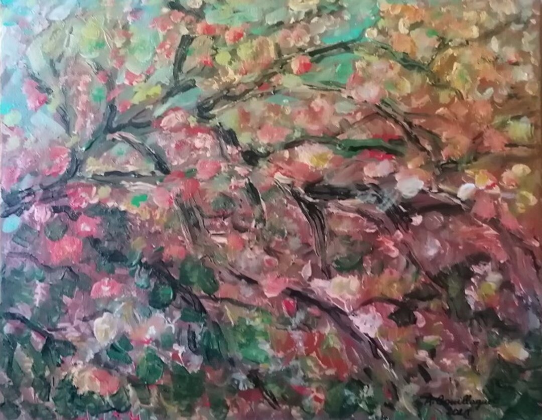 Au Printemps, 41 × 33 cm — peinture d’Alain Bouillaguet