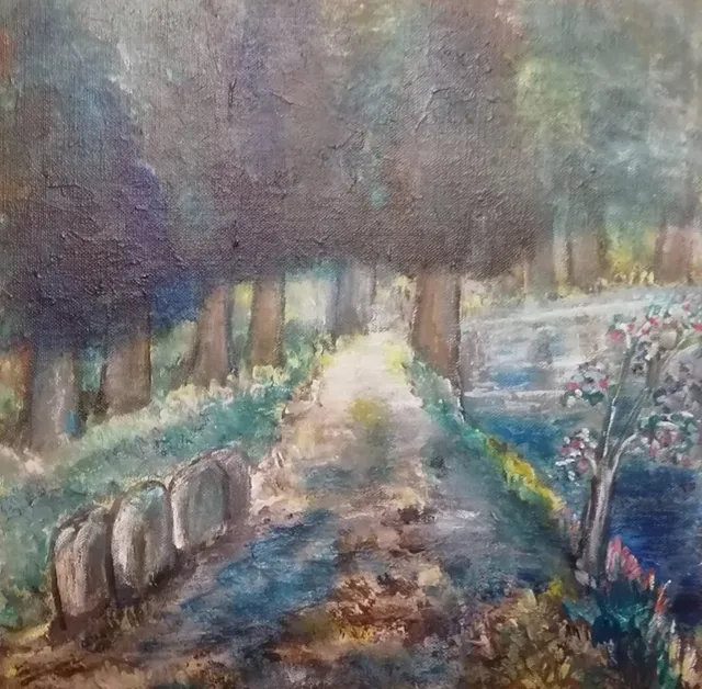Sapins en Haute Corrèze, 30 × 30 cm — peinture d’Alain Bouillaguet