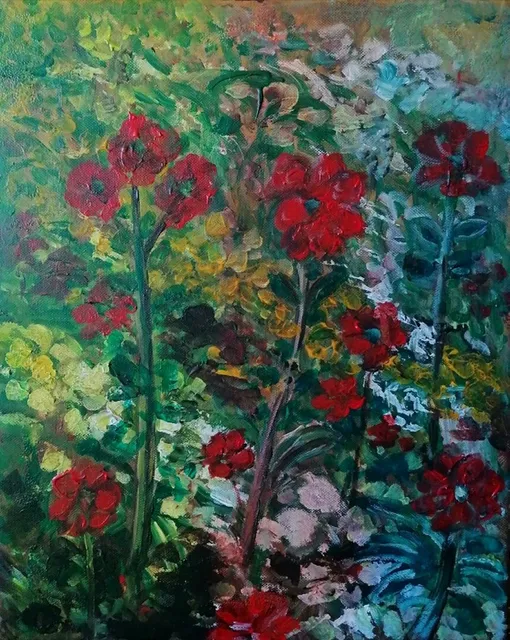 Au jardin, 41 × 33 cm — peinture d’Alain Bouillaguet