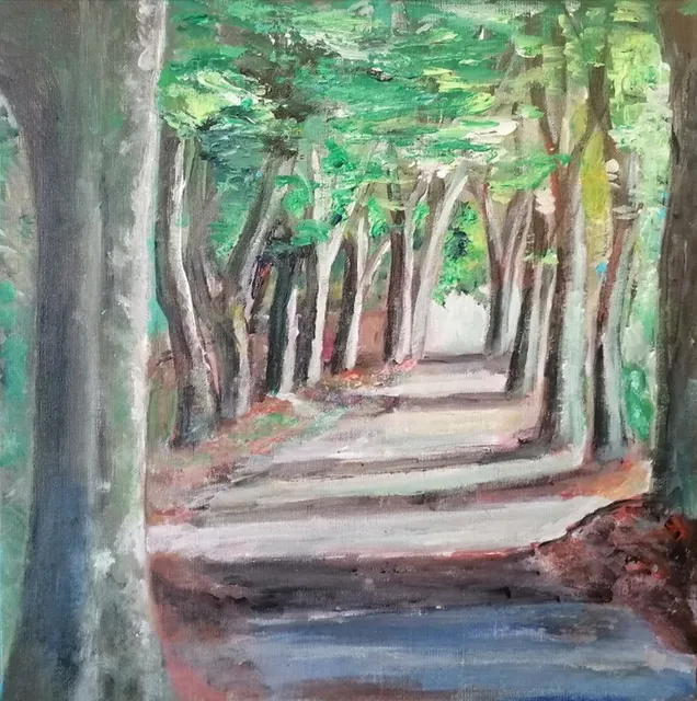 Allée de hêtres, 61 × 50 cm — peinture d’Alain Bouillaguet