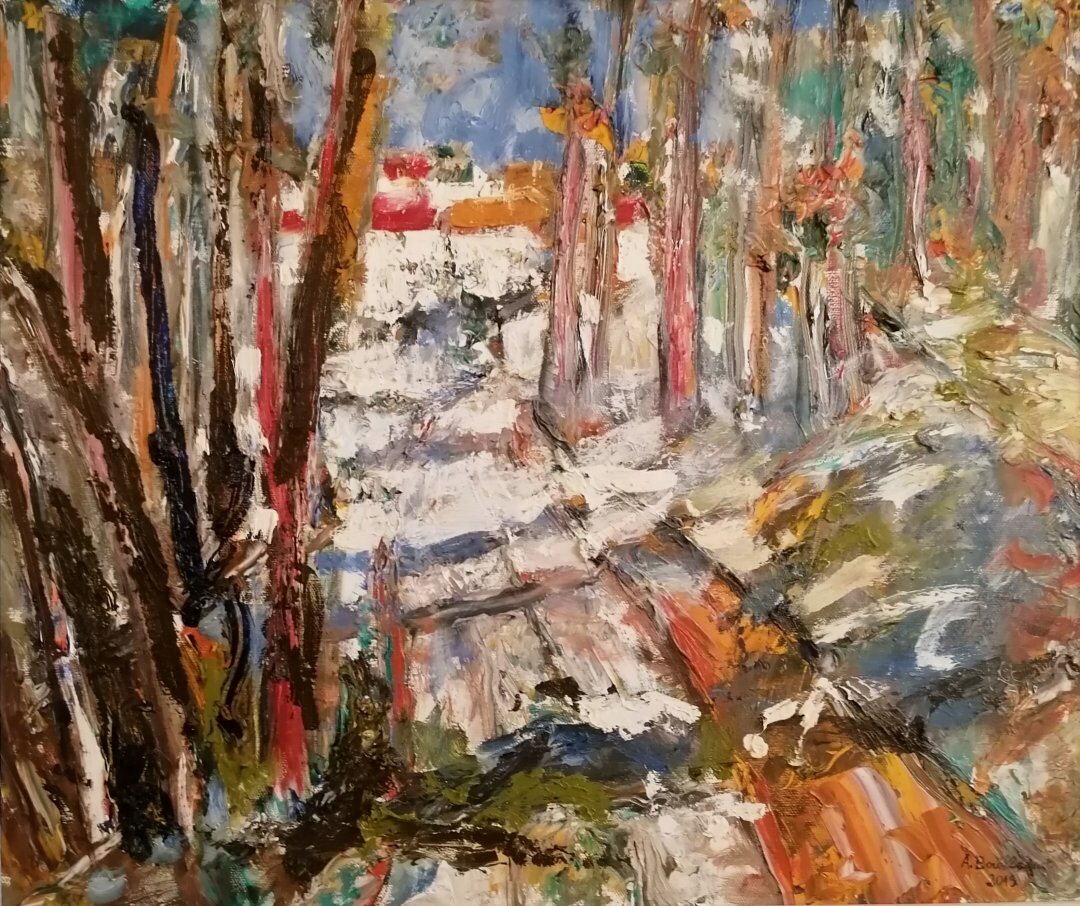 Route du village, 61 × 50 cm — peinture d’Alain Bouillaguet